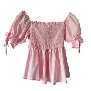 Pink Diamond Shirt Womens‎ 8 Pink Puff Sleeve Milkmaid Linen Peasant Cottagecore
